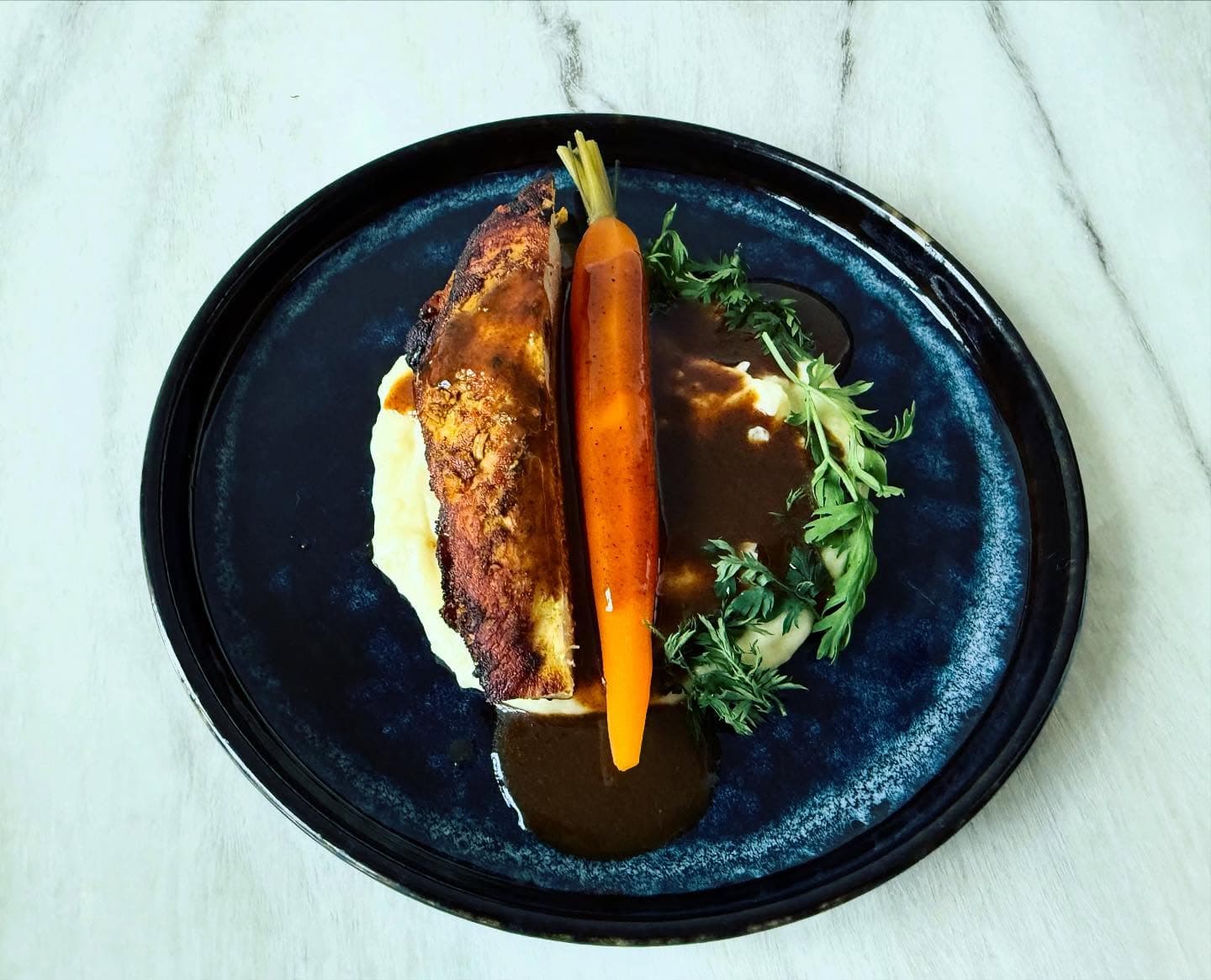 Roast chicken with garam masala, Joël Robuchon potato purée and steamed carrots