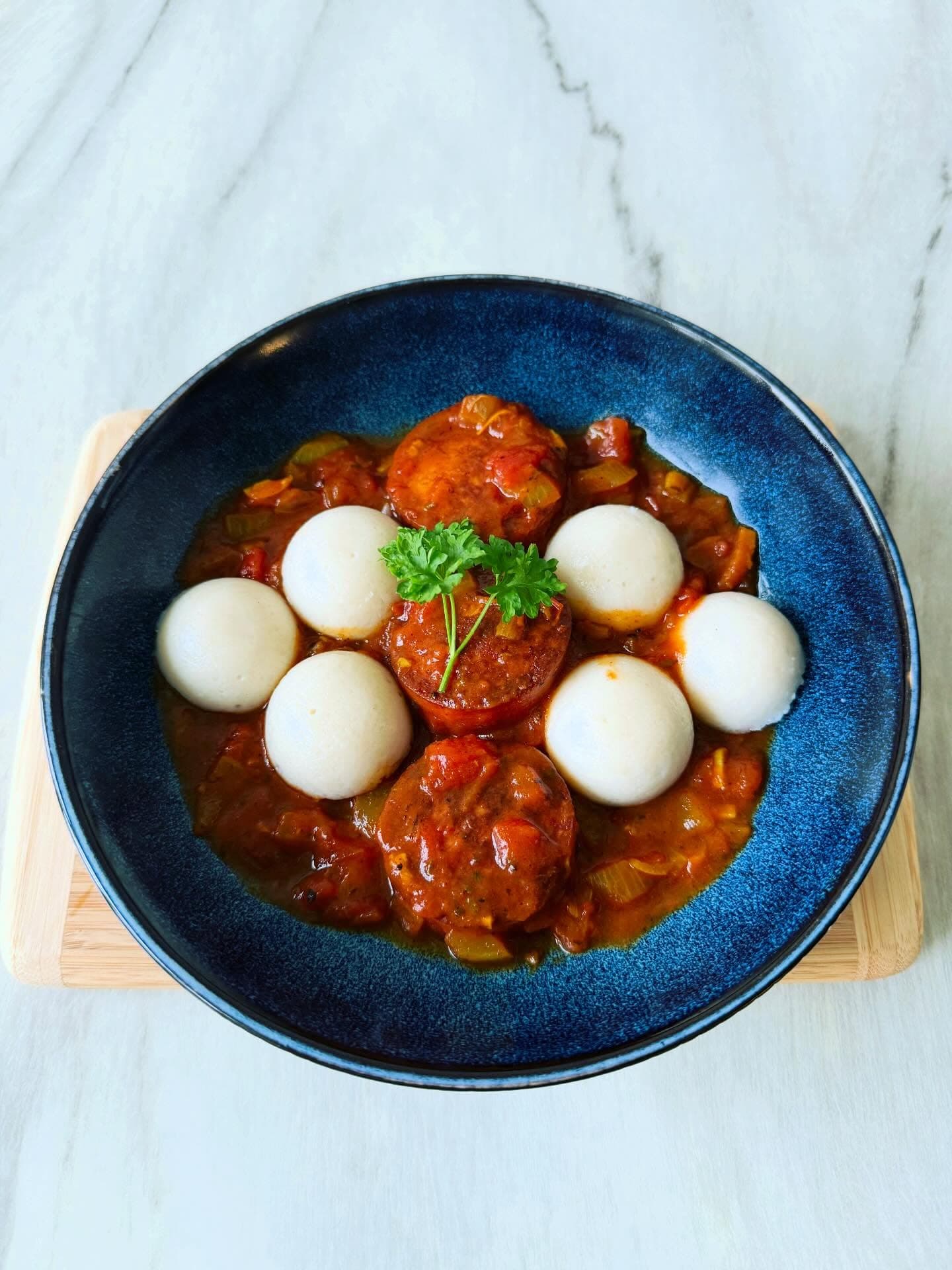 Rougail sausages with mini idlis, turmeric, ginger and garlic