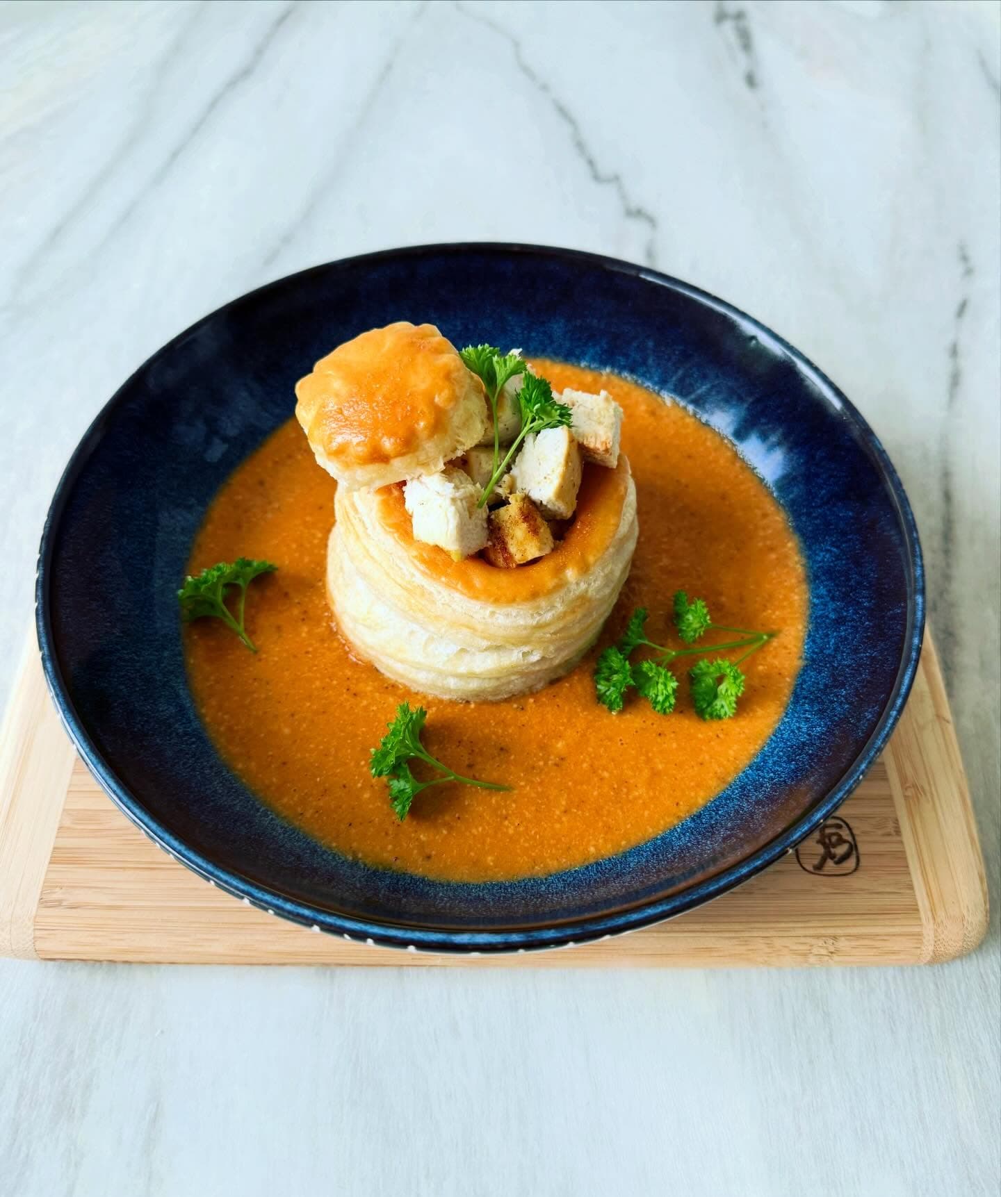 Butter chicken vol-au-vent with baratte butter puff pastry
